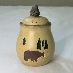 Young’s Inc Rustic Bear Ceramic Canister w/ Pinecone lid Cabin Lodge Décor 4.5”